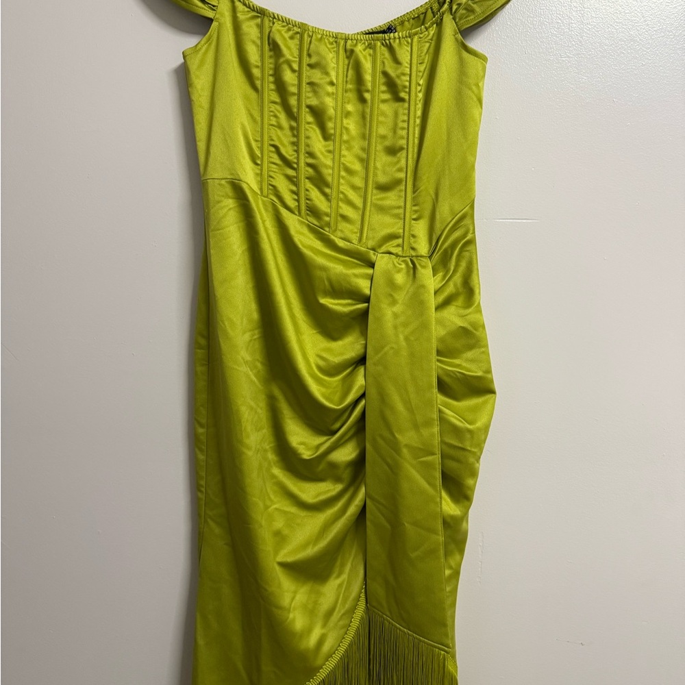 PrettyLittleThing Chartreuse Off-Shoulder Wrap style dress